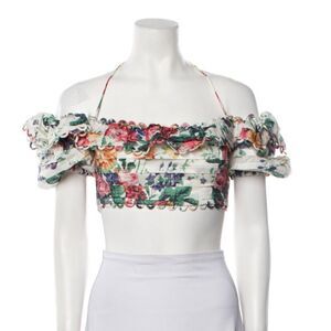 Zimmermann Allia Pintuck Floral Off-Shoulder Crop Top
